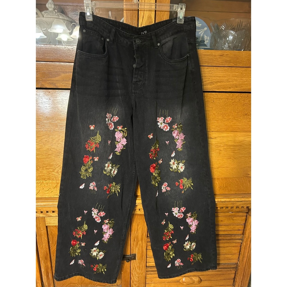BoohooMAN Mens Embroidered Floral Butterfly Wide Leg Jeans 36x31 Streetwear